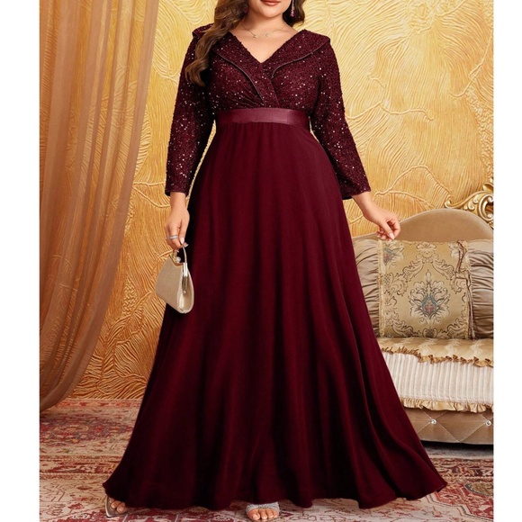 Plus Sequin V neck Party Evening Formal Wedding Flowy Dress - Picture 10 of 11